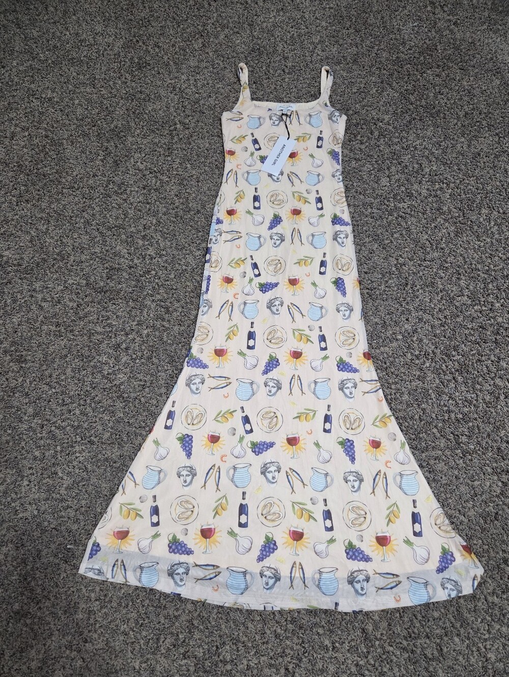 Cream Mediterranean-Print Maxi Dress with Spaghetti Straps